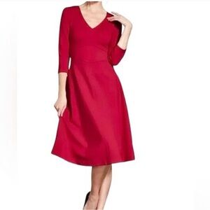 Boden Bryony Red V-Neck Midi Dress with ¾ Sleeves and Gold Zipper Detail